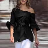 Blouse Skew Collar Flared Half Sleeve Lace-up Waist Pullover Blouse